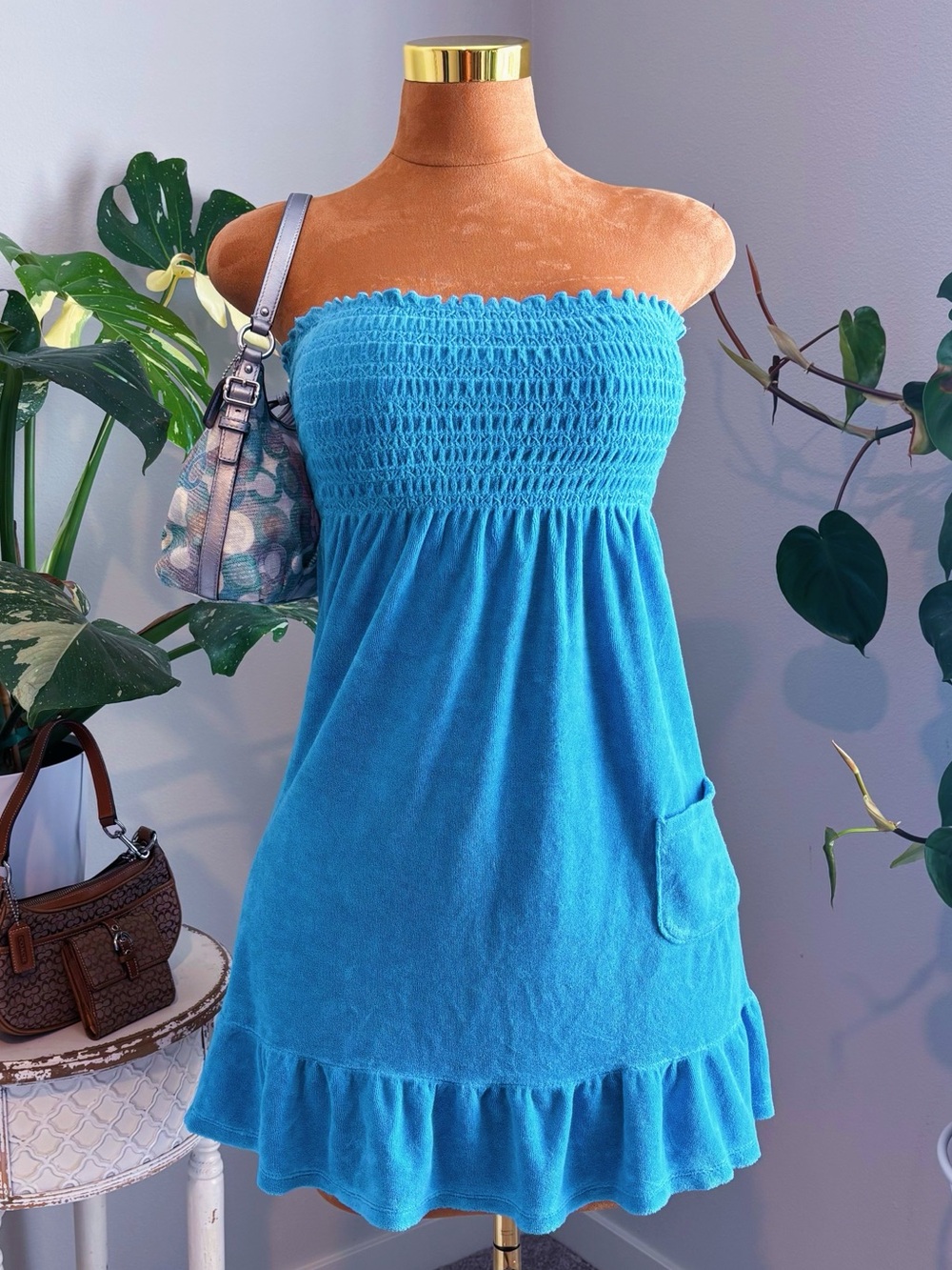 Y2K Juicy Couture Terry Cloth Strapless Mini Dress Smocked Tube Beach Cover Up